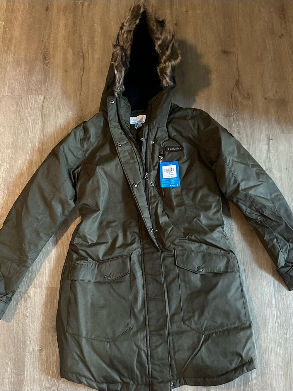 Columbia Long Parka Coat M Olive Green Omni-Heat Insulated Faux Fur NWT